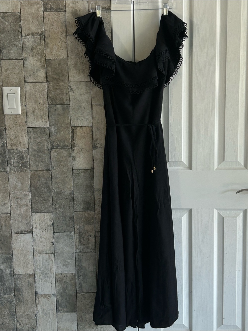 Black Ruffle-Trim Wide-Leg Jumpsuit - Women's